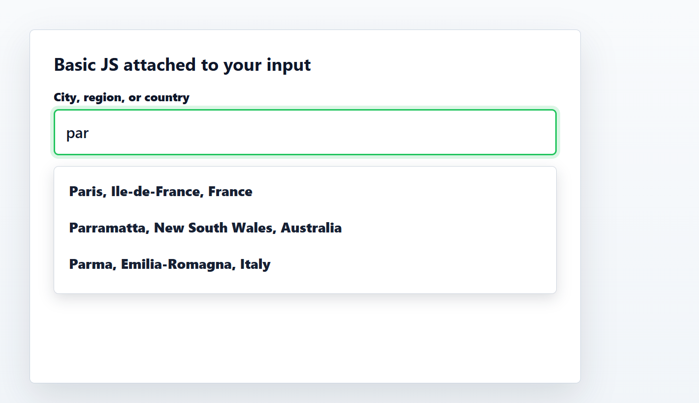 Basic JS autocomplete dropdown attached to a customer-styled location input.